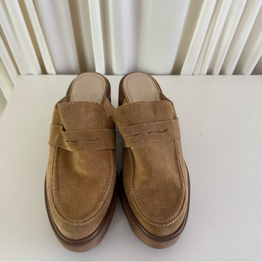 Anthropologie Matisse Kelly Tan Suede Platform Mules Loafers Size 10 - Picture 3 of 8
